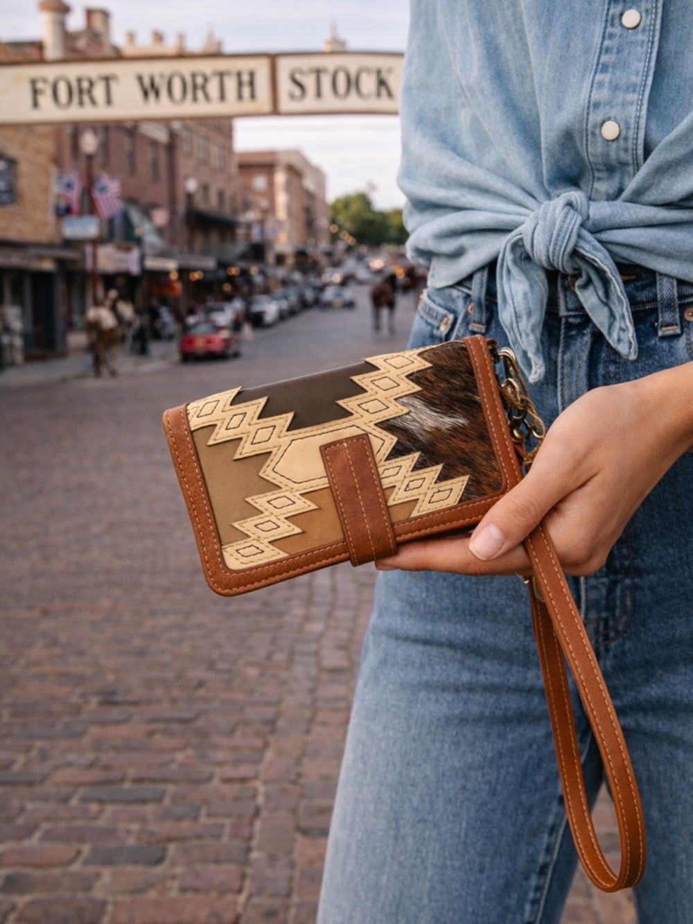 Catchfly Studio Brown Western Leather Pony Hair Patchwork Wallet Wristlet New